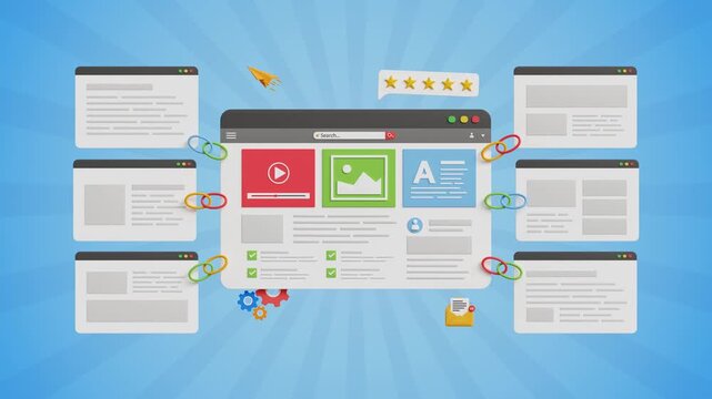 Website Link Building, Content Backlink Strategy, SEO Growth, Improved Rankings, Organic Traffic Boost, Digital Visibility Tactics. 3D website page with  backlink pages. 3D Video Animation