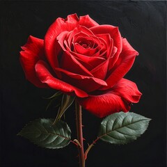 A vibrant, detailed painting of a single red rose, fully bloomed, against a stark black background. The flower's petals are textured