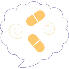 Illustration of two orange capsules floating inside a blue outlined speech bubble with decorative swirls on a transparent background symbolizing medication or treatment ideas