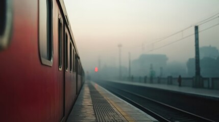 Fototapeta premium A foggy railway station scene features a partially visible red train, evoking a sense of mystery and solitude, Perfect for travel blogs, transportation articles, or atmospheric backgrounds,