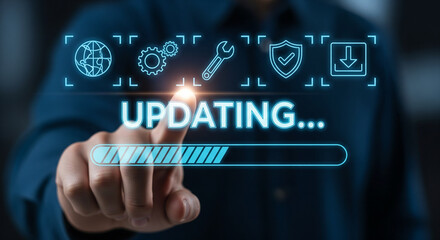 Person touching a digital updating progress bar on a virtual screen