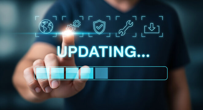 A hand points to a loading bar, representing software or system updates in progress