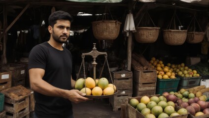 Young man holding a tray of fresh fruits at a market stall.