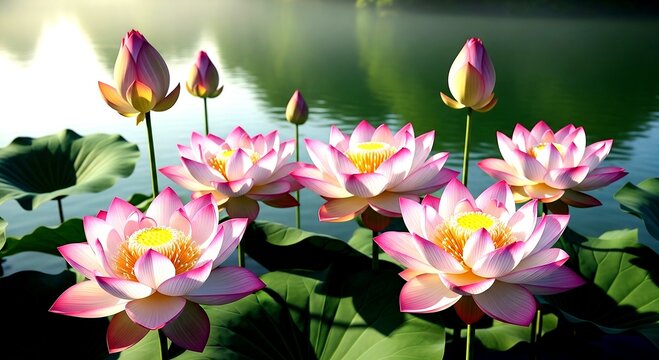Pink tipped lotus blossoms and buds floating on a serene pond