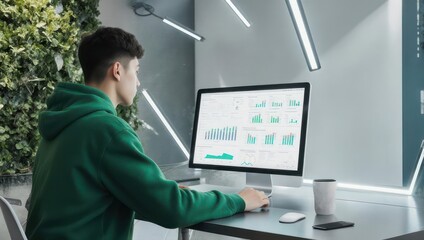 Young man in green hoodie working on computer with financial charts on screen.