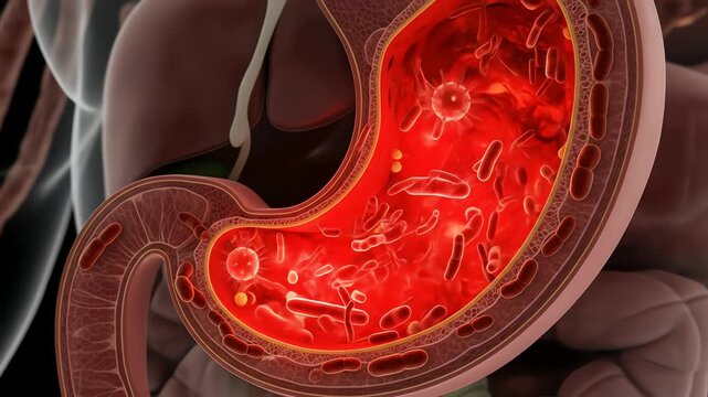 Human stomach model with infection microorganisms flowing inside the organ.