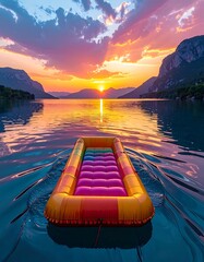 A vibrant sunset casts golden light on a serene lake, with a colorful inflatable raft moving toward the sun. Mountains frame the horizon
