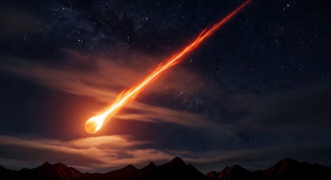 Fiery comet streaks across the night sky, an awesome celestial display over dramatic mountains, inspiring themes of space exploration and cosmic events
