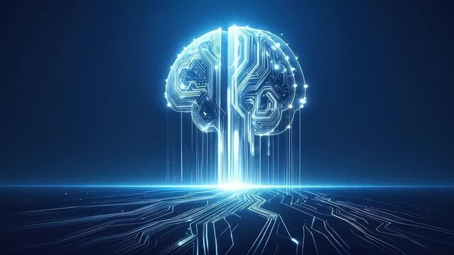 Artificial intelligence concept with glowing neural network brain emerging from digital circuitry, representing data processing, innovation, and future technology - Powered by Adobe