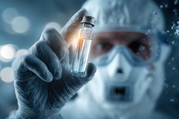Scientist in protective clothing holds a vial of liquid while working in a laboratory setting focused on research