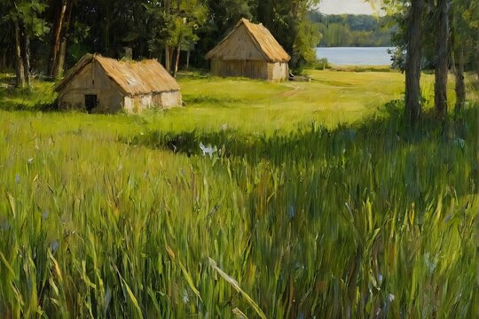 A serene countryside scene featuring rustic wooden cottages with thatched roofs nestled in a vibrant green field under a dark, starry sky. Lush trees and wildflowers frame the tranquil landscape, evok - Powered by Adobe