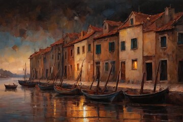 A dramatic coastal town at dusk, with warm orange light from a setting sun reflecting on calm waters and illuminating lantern-lit buildings perched above the cliffs. Sailboats drift silently in the ha
