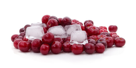 Fresh red cherries with ice cubes.
