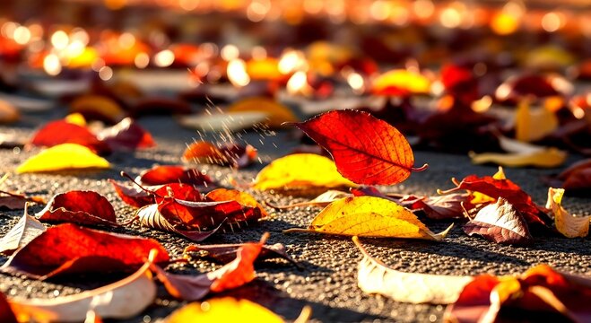Autumnal Symphony: Red and Yellow Leaves Dance on Textured Groun