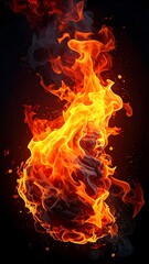A vibrant flame rises dramatically against a black backdrop. The blazing core is orange and yellow, surrounded by smoky hues
