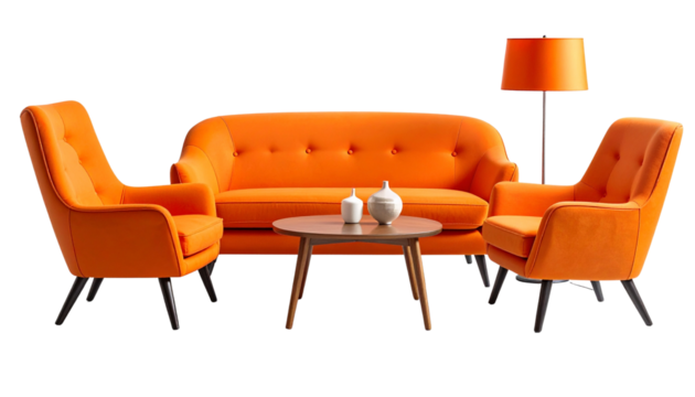 Contemporary Orange Sofa Set with Matching Table, Chair, and Lamp, Isolated on Transparent Background PNG