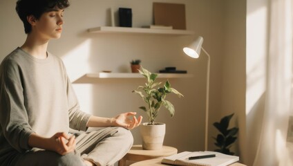 Young man meditating peacefully in a sunlit room.