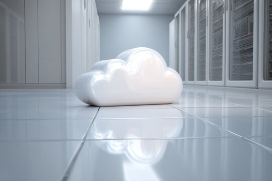 White cloud icon resting on a shiny floor in a modern data center during daytime, reflecting the surrounding technology and bright lights overhead to create a serene atmosphere
