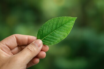 Green business hand holds eco leaf symbolizing corporate social responsibility during a sunny day in a natural setting promoting sustainability and environmental awareness