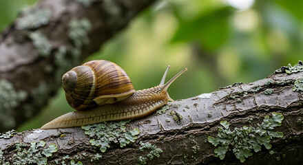 Explore nature's wonders with a snail gracefully gliding across a mossy branch, a charming reminder of life's simple joys and the beauty of the forest