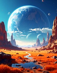 A vibrant vista on an alien planet, revealing a terrestrial world in the sky, with jagged red rock formations
