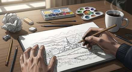 sketching  on the table