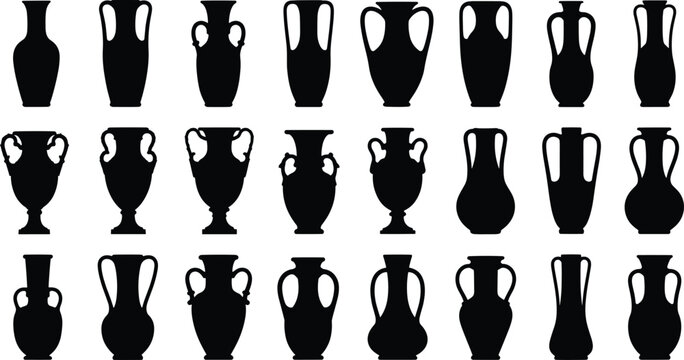 Ancient vase silhouettes, amphora shapes, classical pottery vector, black ceramic icons, antique vessel collection, historical design, archaeology art, decor