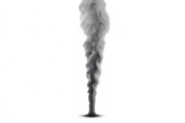 Rising grey smoke plume effect on transparent background. Capturing the dynamic motion of vapor or steam for overlaying