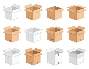Fototapeta premium Twelve open cardboard containers of various shapes and colors