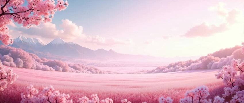 Serene springtime landscape with cherry blossoms swaying gently, as the camera pans slowly across a tranquil, sunlit field against majestic mountains; cinematic and picturesque.
