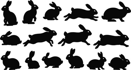 Rabbit silhouettes vector, black animal poses, jumping and sitting bunny shapes, wildlife motion icons, pet illustration, nature design elements