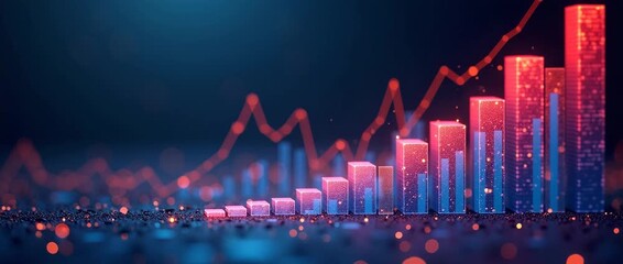 Dynamic 3D bar graph rises steadily, while camera tracks smoothly across a vibrant financial data landscape, with gentle ambient light flickering, in a cinematic, modern style. - Powered by Adobe