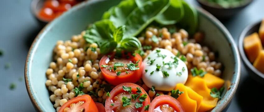 Fresh Mediterranean salad with vibrant vegetables and herbs gently sways as the camera slowly pans, capturing the essence of healthy eating in a cinematic, appetizing style.