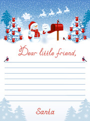 Layout letter from Santa Claus with inscription "Dear little friend" and cartoon funny Snowman and mailbox against winter forest background.