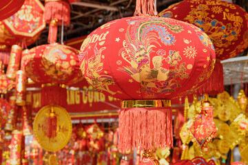 Closeup view of traditional red lanterns at New Year market