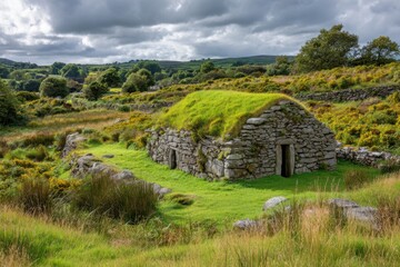 Explore the ancient Irish archaeological site with a well-preserved stone structure surrounded by lush greenery and rolling hills