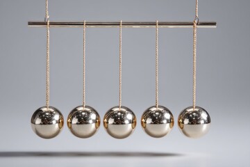 Momentum transfer demonstration with six metal spheres in a classic Newton's cradle setup on a gray background