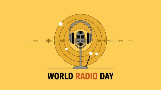 Illustration of world radio day with microphone and headphones on a yellow background design