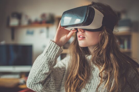 Young woman explores virtual reality at home, fully engaged with her headset while wearing a cozy sweater in a relaxed indoor setting - Powered by Adobe