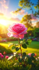 A vibrant pink rose blossoms in a sun-drenched garden. Soft sunlight filters through leaves & greenery creating a warm & inviting scene