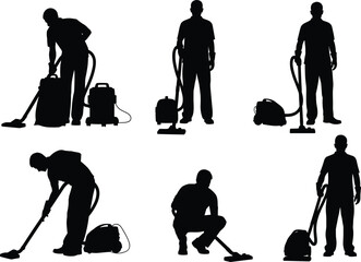 Obraz premium Vacuum cleaner silhouettes, cleaning posture variations, ergonomic vacuuming, household chore illustration, cleaning equipment usage, vacuuming positions, cleaning action poses, sanitation concept