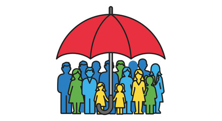 Diverse community united under a vibrant red umbrella offering protection and security symbolizing collective well-being and safety for all