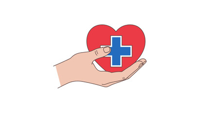 Caring hands offer heart with blue medical cross symbolizing compassion, health, and support for well-being