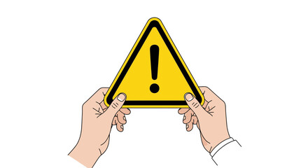Hands presenting a bright yellow hazard warning sign with black border and exclamation mark symbol, alerting to danger