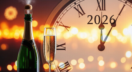 Champagne bottle and glass ready to celebrate the arrival of 2026 with a clock face in the background
