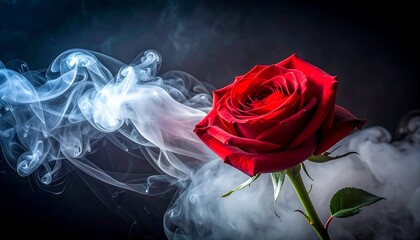 A vibrant red rose, illuminated, is set against wisps of blue-toned smoke, with a dark background
