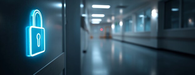 Digital padlock symbol glowing in hospital corridor for security  