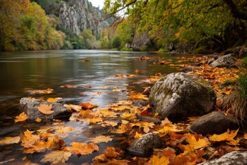 Fall leaves gently floating on a calm river under the golden glow of autumn trees in a serene natural setting