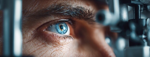 Close-up of man’s blue eye during ophthalmic vision test in clinic  