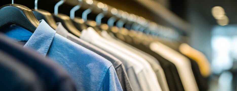 Row of shirts displayed on hangers in a modern clothing store  